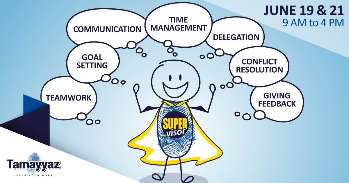  'Super' visor with a cape and a big smile is surrounded by speech bubbles that read: communication, time management, delegation, goal setting, teamwork, conflict resolution, and giving feedback.